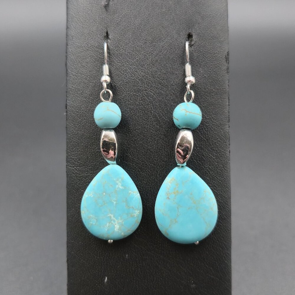 Silver Plated Blue Howlite Stone Dangle Earrings A6635